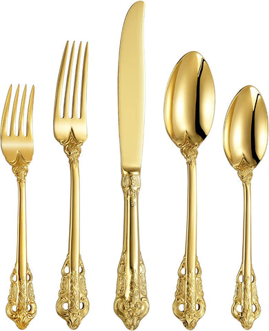 Image of Luxury 20 Pieces 18/10 Stainless Steel Flatware Set, Service for 4, Silver Plated with Gold Accents, Fine Silverware Set and Dishwasher Safe (Gold)