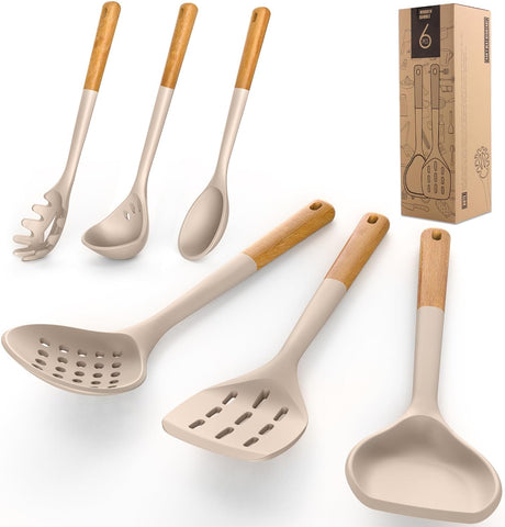 Image of Large Silicone Cooking Utensils Set - Heat Resistant Silicone Kitchen Utensils for Cooking W Wooden Handles, Spatula Set, Kitchen Utensil Gadgets Sets for Non-Stick Cookware, BPA Free (Khaki)