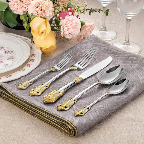 Image of Luxury 65 Pieces 18/10 Stainless Steel Flatware Set, Service for 12, Silver Plated with Gold Accents, Fine Silverware Set and Dishwasher Safe