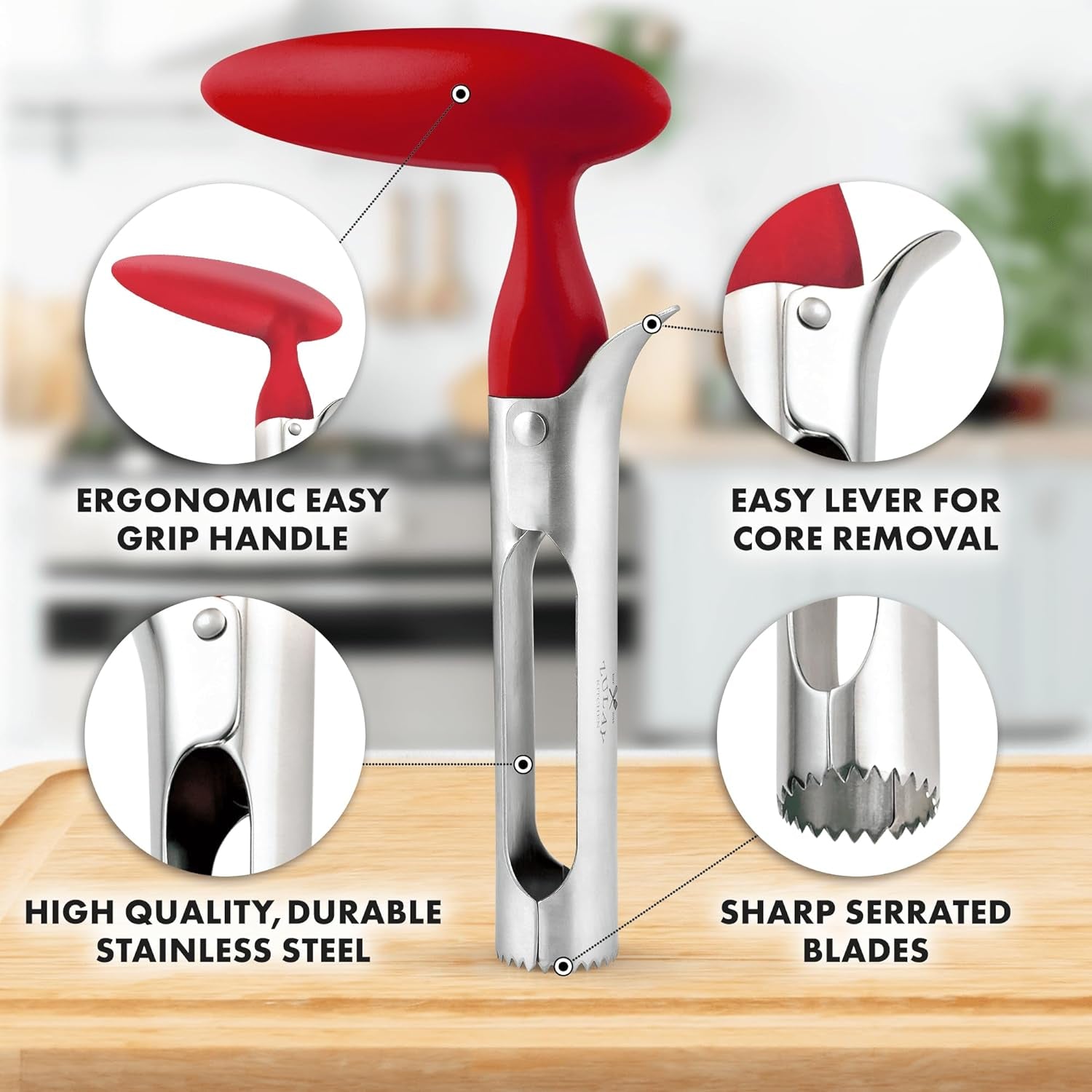 Premium Apple Corer Tool - Ultra Sharp, Stainless Steel, Serrated Blades for Easy Coring - Easy to Use & Clean, Durable Apple Corer Remover for Baking Apples & More - Red