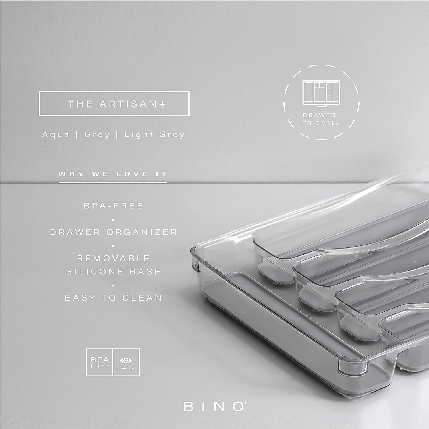 5-Slot Silverware Organizer for Drawer | Plastic Utensil Kitchen Drawers Tray Organization W/Grip Lining (Light Grey)