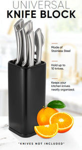 Universal Knife Block Holder, Stainless Steel Organizer with Scissor Slots, Space-Saving Countertop Storage Stand for Any Knife up to 8.10 Inches, (Knives Not in Included) (Black)