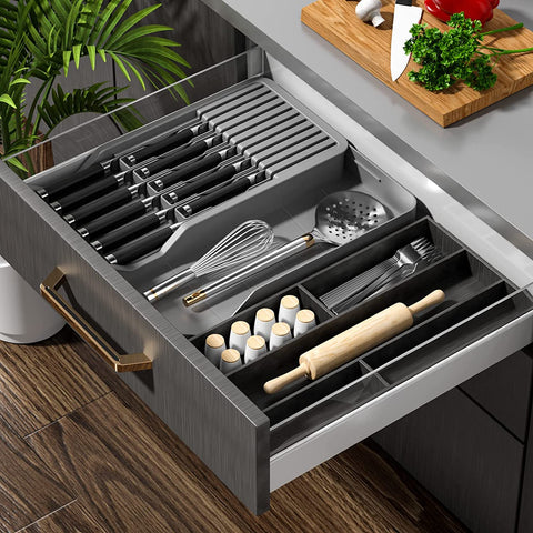 Image of In-Drawer Knife Block,Kitchen Knife Drawer Organizer,2 Tier Knife Holder Holds 11 Knives with Expandable Organizer Storage Tray (Gray)