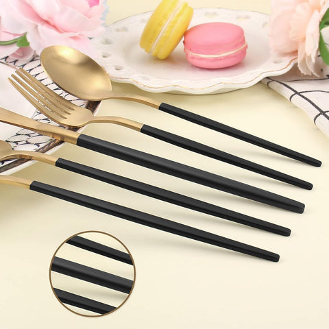 Image of Matte Gold Silverware Set with Black Handle,  Stainless Steel Flatware Cutlery Set Service for 4, 20-Piece Kitchen Utensil Set Include Spoons and Forks Set, Dishwasher Safe.