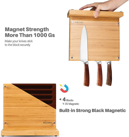 Image of Magnetic Knife Block Double Side Knife Holder Bamboo Knife Stand for Kitchen Cutlery Display Rack and Organizer with Acrylic Shield Double Side Storage Strongly Magnetic without Knives,10 Inch