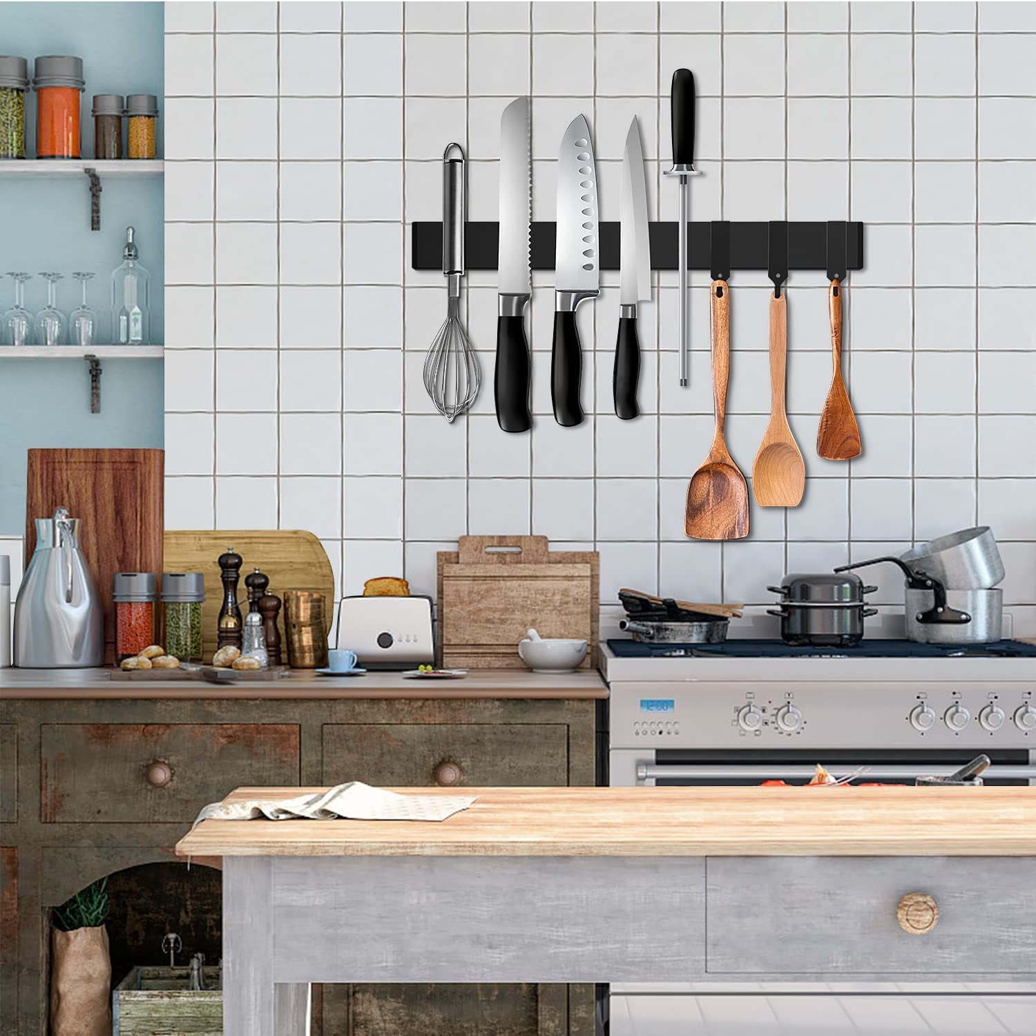 Black Magnetic Knife Strip for Refrigerator - Larger 17 Inch Double Sided Stainless Steel Magnetic Kitchen Knife Holder with Hooks for Wall/Fridge - Strong Knife Strip Magnet/Knife Rack/Knife Bar