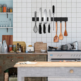 Black Magnetic Knife Strip for Refrigerator - Larger 17 Inch Double Sided Stainless Steel Magnetic Kitchen Knife Holder with Hooks for Wall/Fridge - Strong Knife Strip Magnet/Knife Rack/Knife Bar