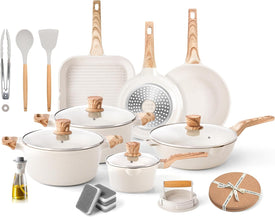 Pots and Pans Set -  Kitchen Nonstick Cookware Sets Granite Frying Pans for Cooking Marble Stone Pan Sets Kitchen Essentials Set (Grill Pan Beige)