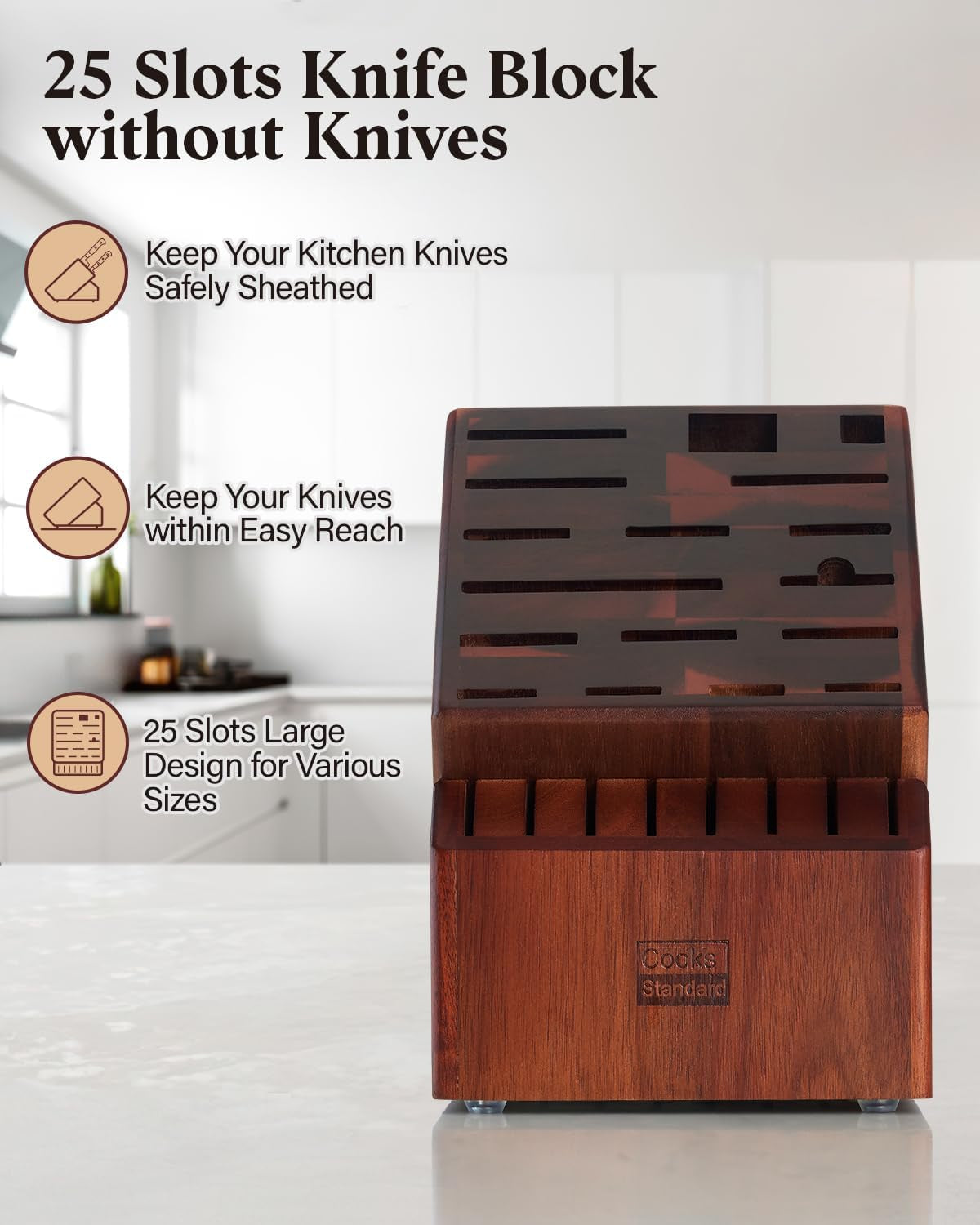 Acacia Wood Knife Block Holder without Knives, 25 Slot X-Large Universal Countertop Butcher Block Kitchen Knife Stand for Easy Kitchen Storage