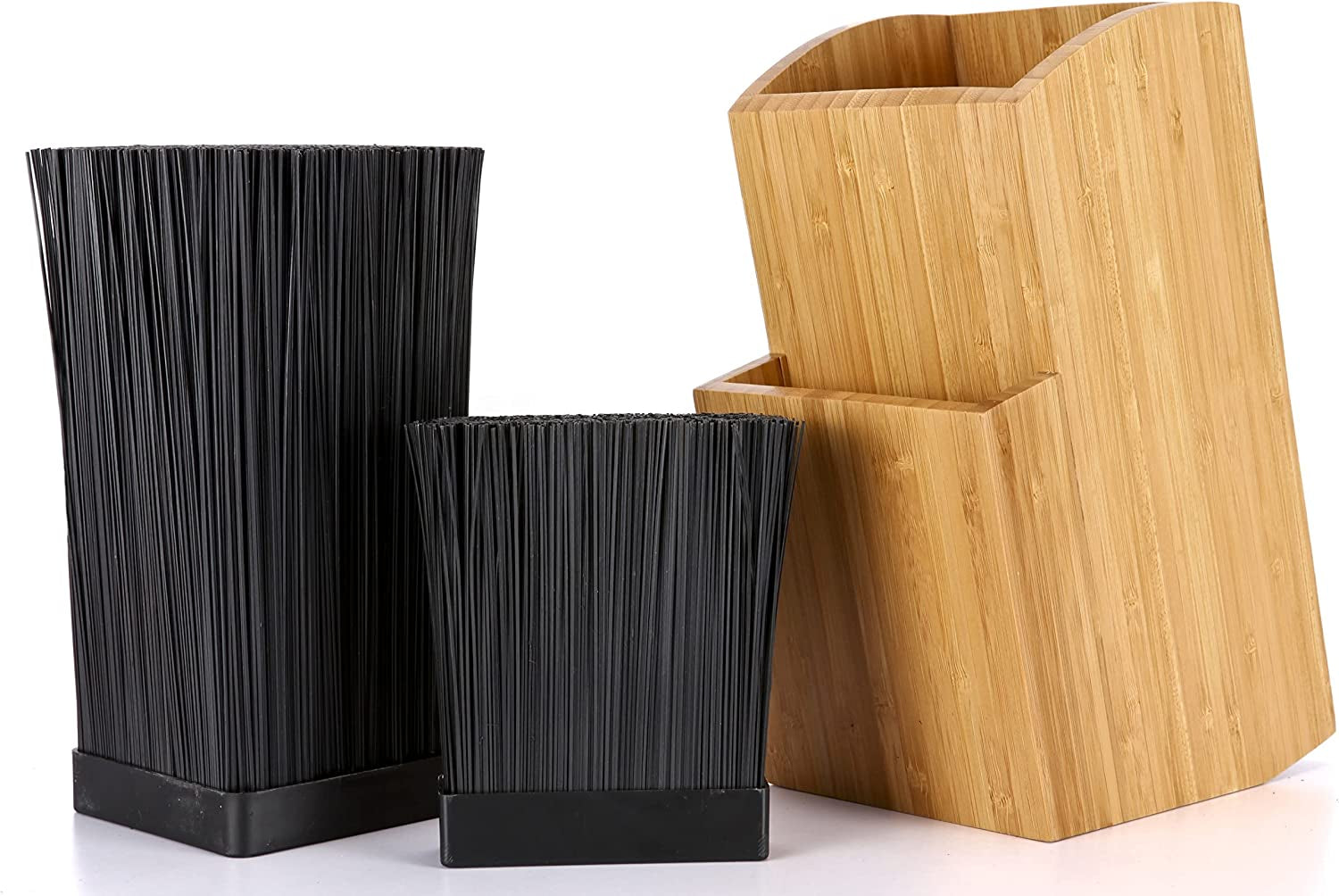 Bamboo Universal Knife Block - Extra Large Two-Tiered Slotless Wooden Knife Stand, Organizer & Holder - Convenient Safe Storage for Large & Small Knives & Utensils - Easy to Clean Removable Bristles