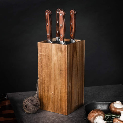 Image of Wooden Kitchen Knife Block - Universal Bristle Knife Holder Storage Stand - Acacia Wood Knife Block - Upright Design 9.4 X 4.7 X 4.7 Inches