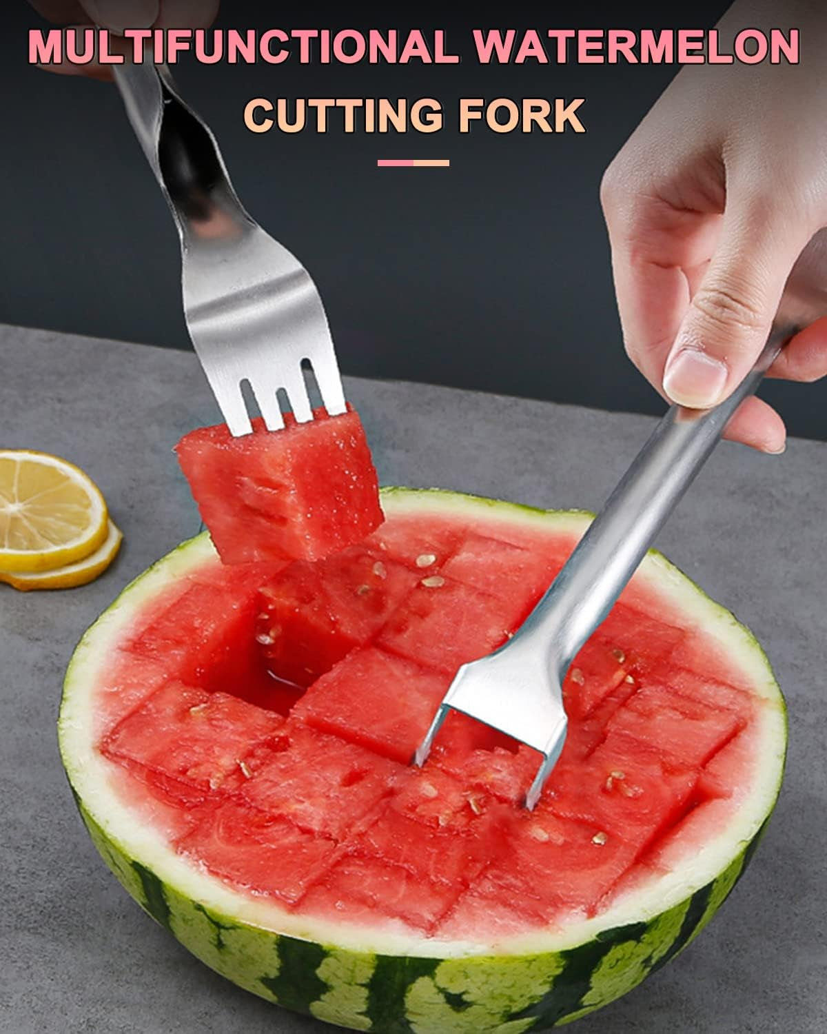 2-In-1 Watermelon Fork Slicer, Watermelon Slicer Cutter, Stainless Steel Fruit Watermelon Cutter for Family Parties Camping, Professional Fruit Forks Slicer for Watermelon Cubes (1PCS)