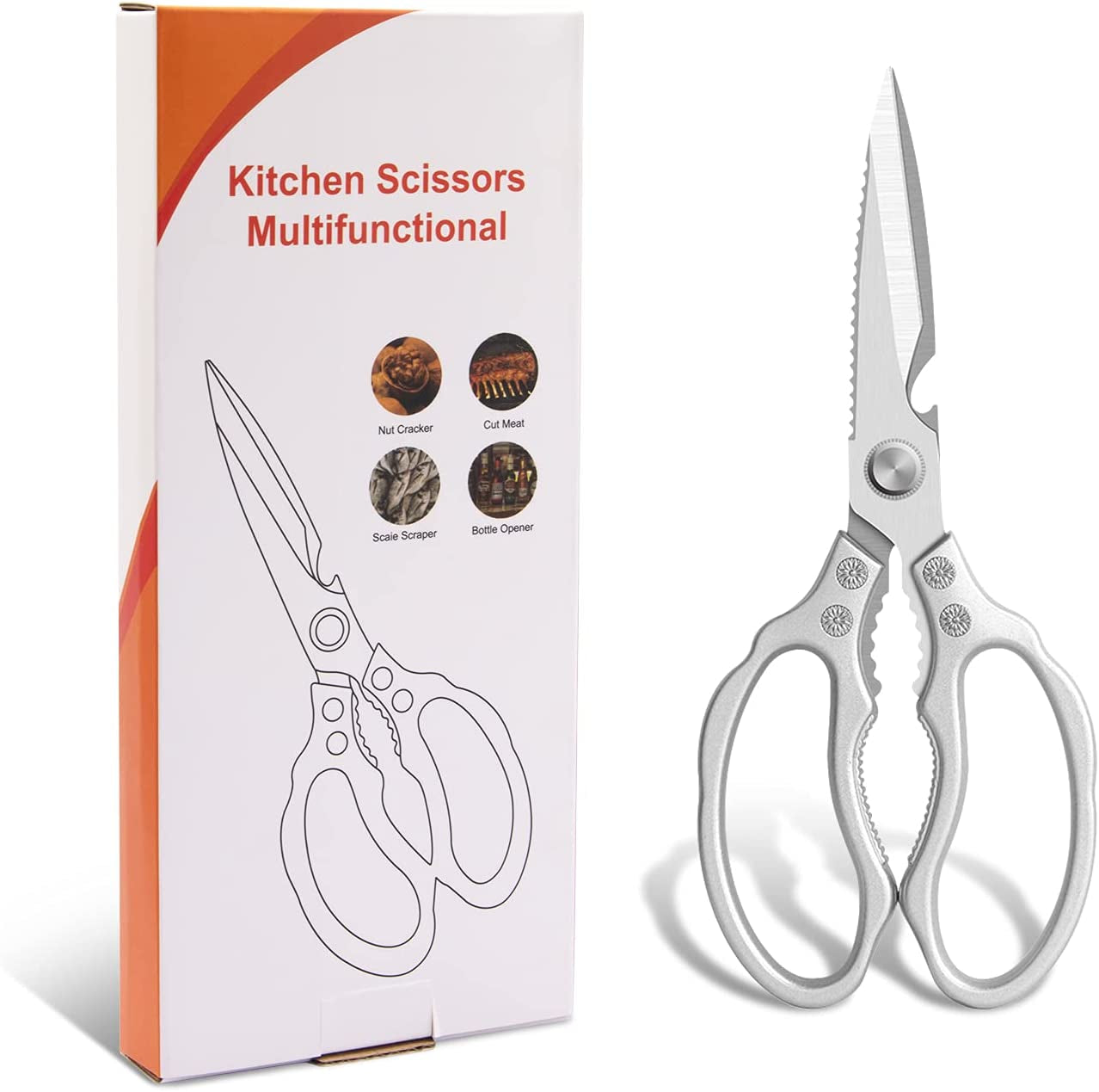 Kitchen Scissors,  Multi-Purpose Kitchen Shears, Heavy Duty Dishwasher Safe Food Scissors, Non Slip Stainless Steel Sharp Cooking Scissors for Kitchen, Chicken, Poultry, Fish, Meat, Herbs-Sliver