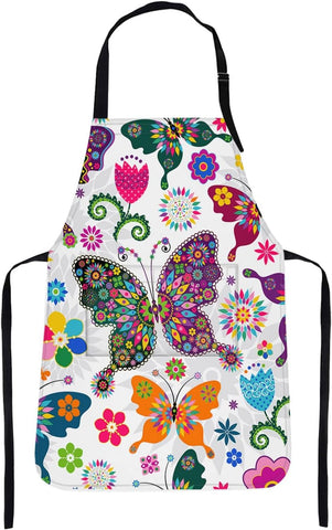 Image of Apron Home Kitchen Cooking Baking Gardening for Women Men with Pockets Floral Colorful Butterflies Flowers Romantic 32X28 Inch
