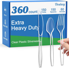 360 Count Extra Heavy Duty Clear Plastic Silverware, 150 Forks, 150 Spoons, 60 Knives, Bpa-Free, Heat Resistant, Disposable Plastic Utensils Set, Plastic Cutlery Set, Plasticware Bulk for Party