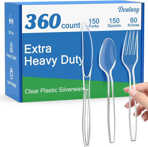 Image of 360 Count Extra Heavy Duty Clear Plastic Silverware, 150 Forks, 150 Spoons, 60 Knives, Bpa-Free, Heat Resistant, Disposable Plastic Utensils Set, Plastic Cutlery Set, Plasticware Bulk for Party