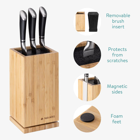 Image of Bamboo Kitchen Knife Block - Magnetic Rotating Bristle Knife Holder - Universal Knife Block Storage Stand with Bristles - 9.8" X 4.9" X 4.9"