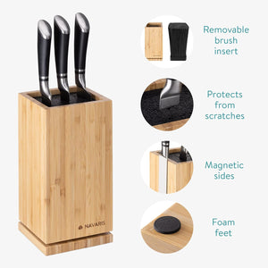 Bamboo Kitchen Knife Block - Magnetic Rotating Bristle Knife Holder - Universal Knife Block Storage Stand with Bristles - 9.8" X 4.9" X 4.9"