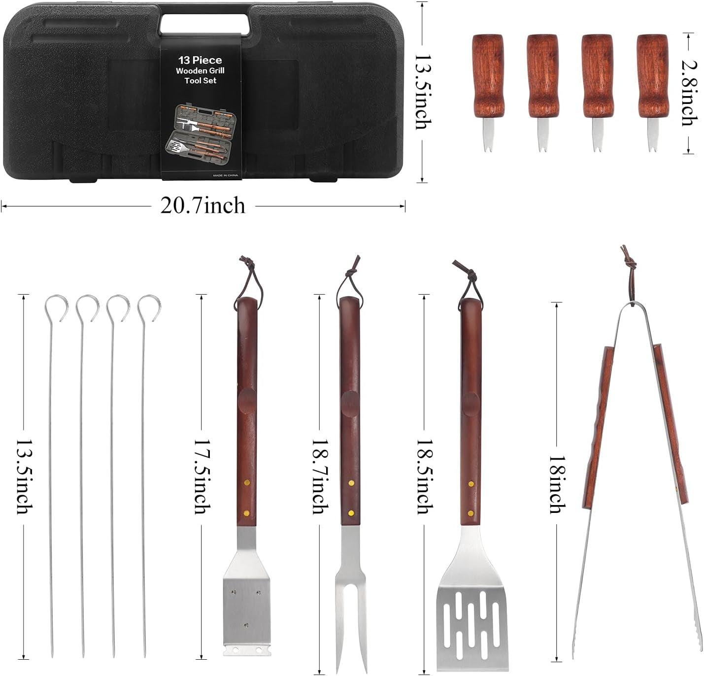 13Pcs Grill Tools Set for Outdoor Grill Heavy Duty Grill Utensils Set Stainless Steel BBQ Grill Accessories Kit Grill Spatula Tong Skewers Stored in Sturdy Cases