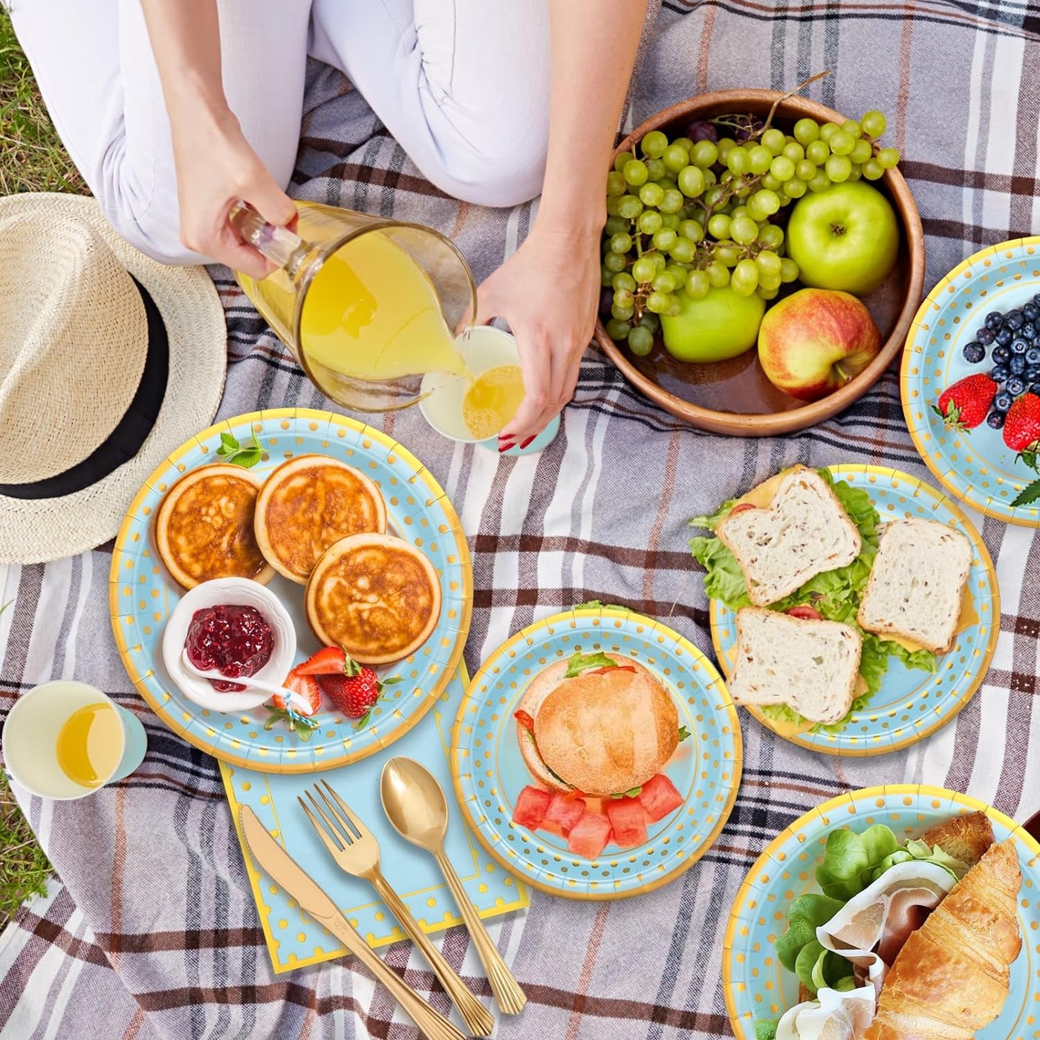 Blue Gold Paper Party Supplies,350Pcs Golden Dot Paper Tableware Serve 50,Include Paper Plates,Napkins,Cups,Forks,Knives,Spoons,For Baby Shower,Boys Birthday,Anniversary