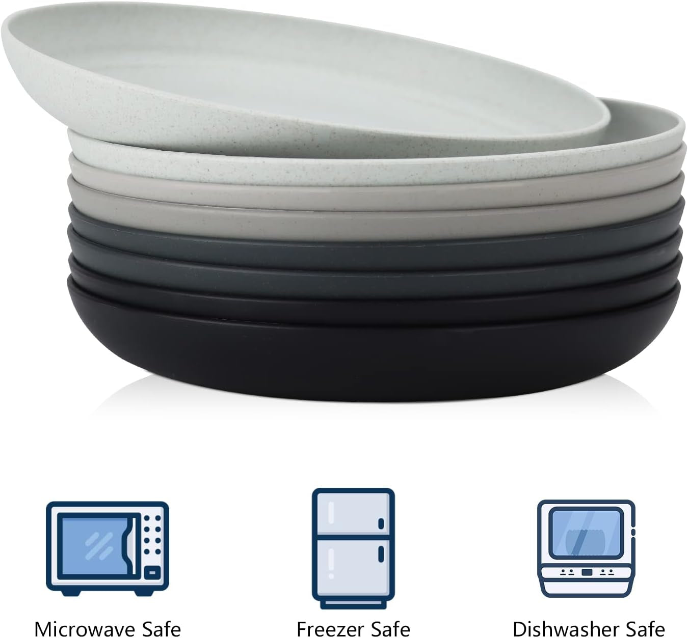 Deep Dinner Plates Set of 8 Alternative for Plastic Plates Microwave and Dishwasher Safe Wheat Straw Plates for Kitchen Unbreakable Kids Plates with 4 Colors (Stone Grey, 8 Inch)