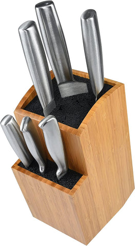 Image of Bamboo Universal Knife Block - Extra Large Two-Tiered Slotless Wooden Knife Stand, Organizer & Holder - Convenient Safe Storage for Large & Small Knives & Utensils - Easy to Clean Removable Bristles