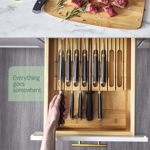 High-Grade 100% Bamboo Knife Drawer Organizer - 16 Knife Slots plus a Sharpener Slot, Knife Organizer for Kitchen Organization, Durable, Secured, Practical, Eco-Friendly, Knife Block without Knives.