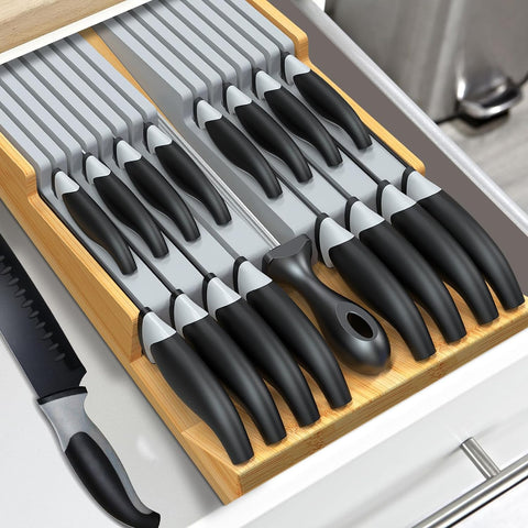 Image of In-Drawer Knife Block Set without Knives, Kitchen Gray Drawer Steak Knife Holder Organizer, Detachable Cutlery Storage Rack for 16 Knives and 1 Sharpening Steel