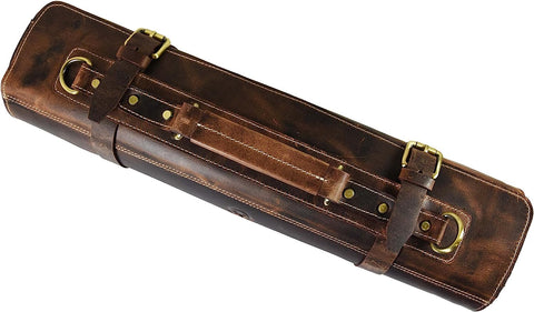 Image of Leather Knife Roll Storage Bag, Elastic and Expandable 10 Pockets, Adjustable/Detachable Shoulder Strap, Travel-Friendly Chef Knife Case (Dark Brown, Leather)