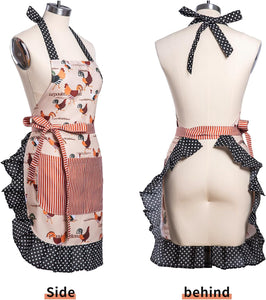 Lovely Flower Pattern Retro Aprons with Large Pockets for Women Girls Cooking Kitchen Bakery Mother'S Gift