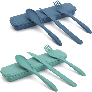 Cutlery Set Flatware Eating Utensils 2 Packs Camping Travel Case Kits Reusable Portable Lunch Dinnerware Accessories Adults Kids Fork Spoon Storage Box Outdoor