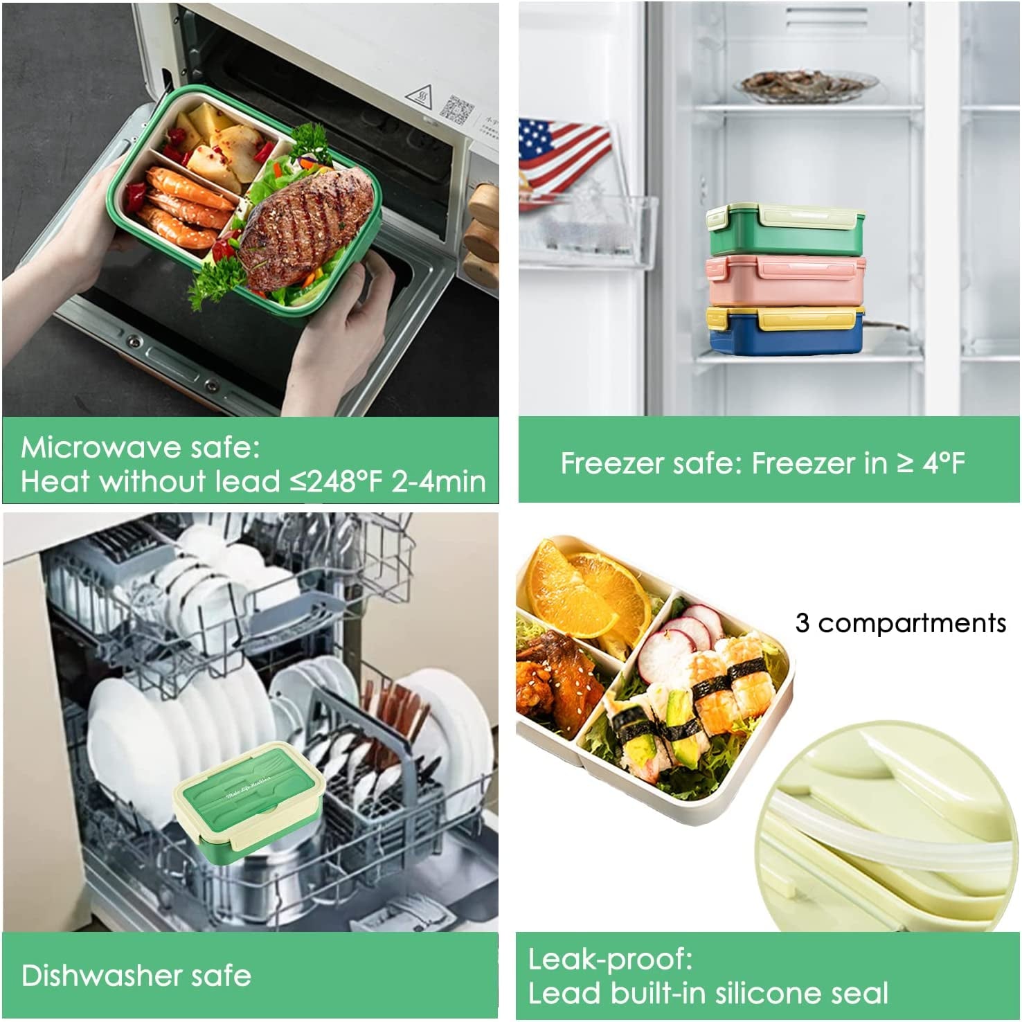 Bento Box for Kids and Adults, Lunch Box 37Oz Food Storage Container with Fork & Spoon, Knife, BPA Free, Microwave, Dishwasher Freezer Safe (Green)