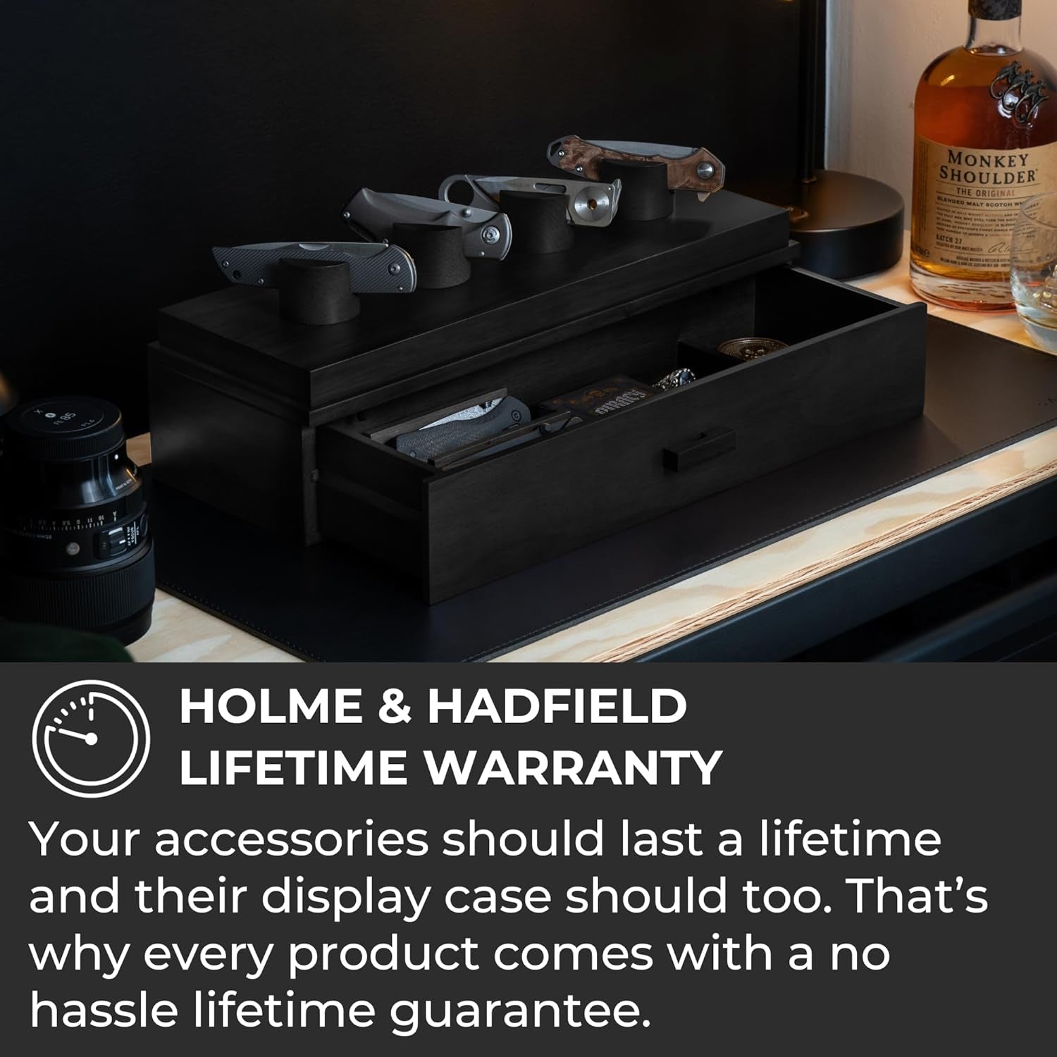 Showcase Your Knives with the Knife Deck – Premium Pocket Knife Display Case for 6 Knives – Elegant Gift for Men – Drawer for Accessories – Wooden Pocket Knife Holder – Lifetime Assurance Included