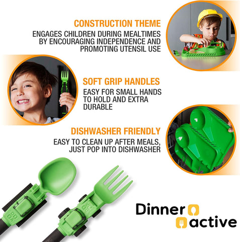 Image of Utensil Set for Kids – Construction Themed Toddler Forks and Spoons, Toddler Utensils – 2-Piece Set – Green Construction Utensils for Toddlers - Loader & Tractor Toddler Spoons and Forks