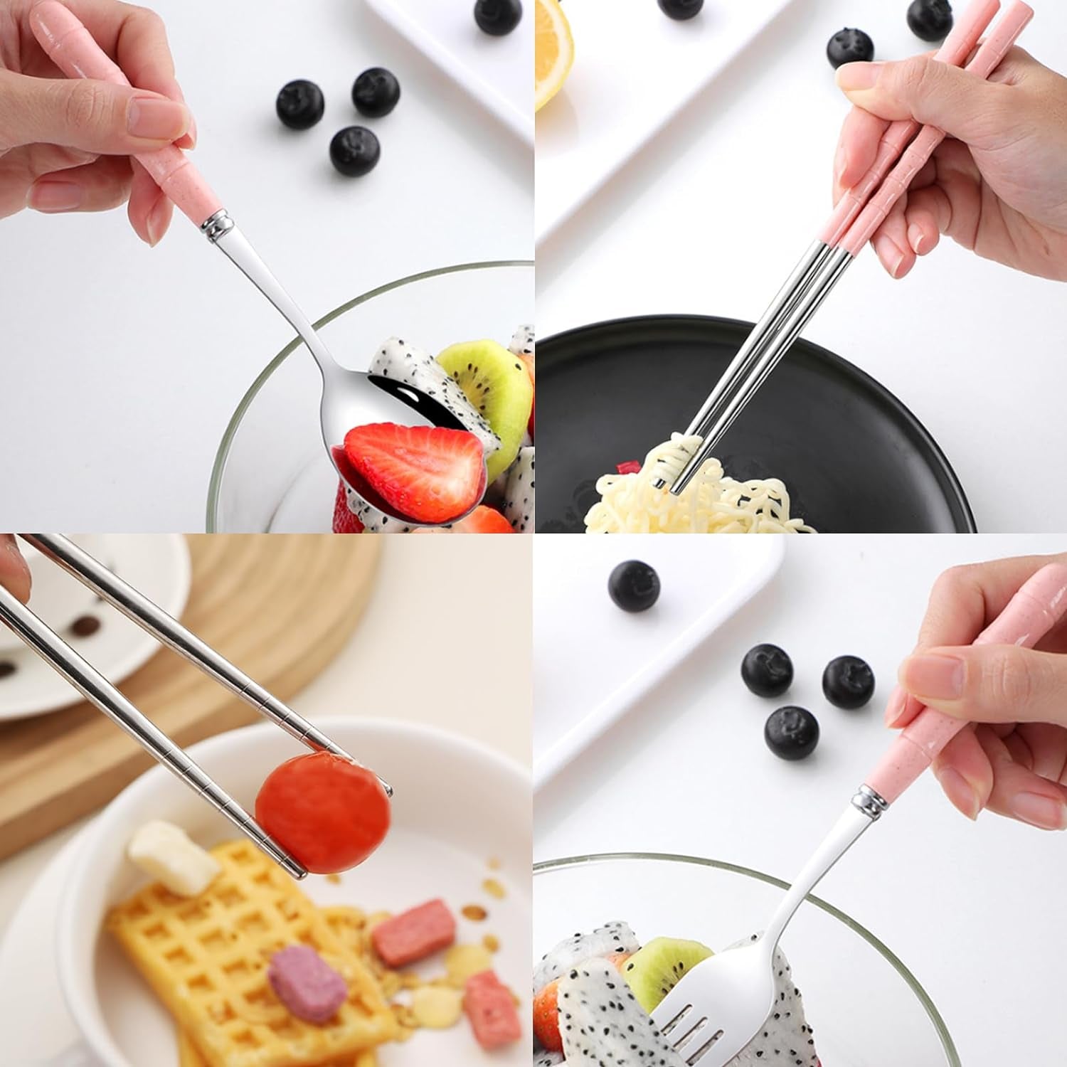 Portable Travel Cutlery Set, 18/8 Stainless Steel 3-Piece Set, Reusable Cutlery Set, Including Travel Spoon and Fork Chopsticks Set with Case (Pink)