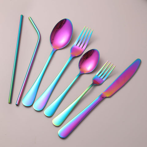 Image of 84 Pieces Mirror Rainbow Silverware Service for 12 Flatware Set Stainless Steel Utensils Cutlery Set Dishwasher Safe