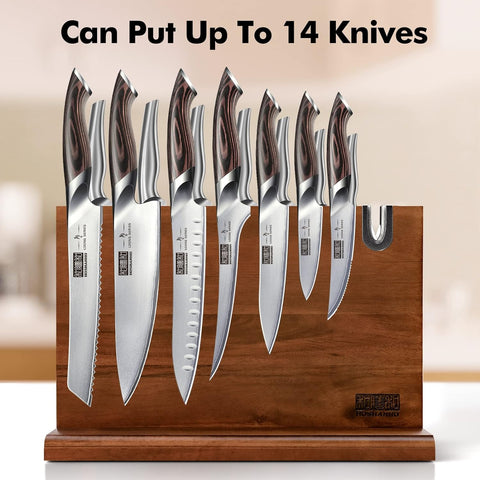 Image of Magnetic Knife Block 14 X 10 Inches, Double Sided Magnetic Knife Holder Rack for Kitchen Counter, Acacia Wood Magnetic Knife Storage Stand with Knife Sharpener