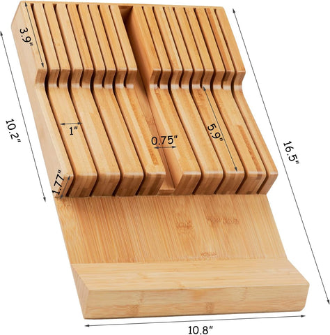 Image of Bamboo Kitchen Drawer Knife Holder, In-Drawer Knife Block, Knife Drawer Organizer Fit for 16 Knives and 1 Steel Sharpening