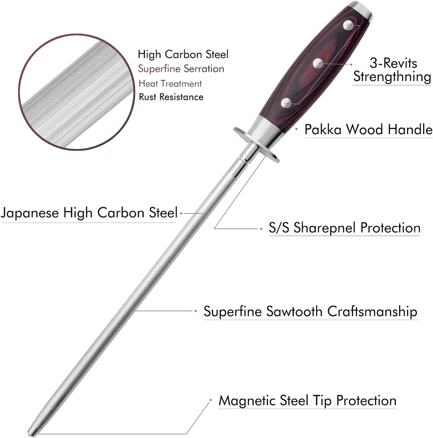 10 Inch Honing Steel with Pakkawood Handle, Knife Sharpener Rod, Professional Knife Sharpening Steel