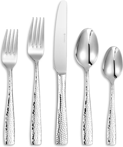 Image of Premium 20/45/65 Piece Louis Hammered Silverware Set with Squared Edge, 18/10 Stainless Steel, Service for 4/8/12, Fine Flatware Set, Dishwasher Safe (20)