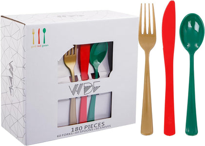 180 Pieces Disposable Plastic Christmas Silverware Cutlery - Plastic Flatware Set 60 Gold Forks, 60 Red Knives and 60 Green Spoons - Heavy Duty Gold Plastic Cutlery - Gold Utensils for Christmas