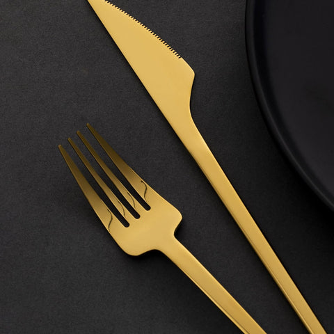 Image of Luxury Gold Silverware Set, Heavy Duty 20-Piece Golden 18/10 Stainless Steel Flatware Sets for 5, Tableware Eating Utensils Titanium Gold Plated,  Unique Exclusive Creative Design (Shark)