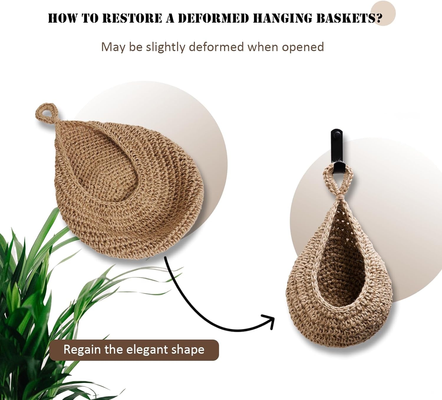 Hanging Fruit Basket Set of 3, Boho Wall Hanging Storage Jute Basket for Organizing & Decor, Handmade Teardrop Hammock Holder for Onion Fruit Vegetable in Home & Restaurant Kitchen with Hooks
