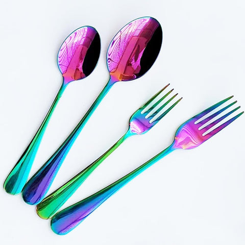 Image of 84 Pieces Mirror Rainbow Silverware Service for 12 Flatware Set Stainless Steel Utensils Cutlery Set Dishwasher Safe