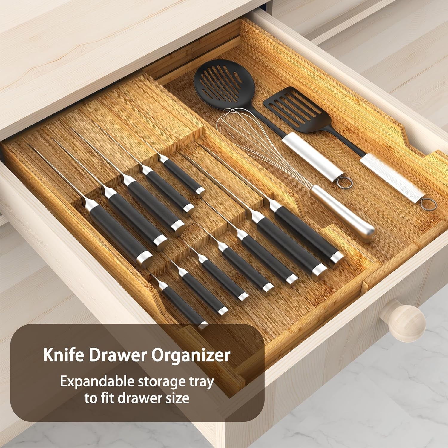 Bamboo Knife Organizer for Kitchen Drawer, Knife Block Holder Drawer Insert with Expandable Tray for Fork Spoon Scissor, Large Kitchen Knife Holder without Knives, Holds 7 Knives