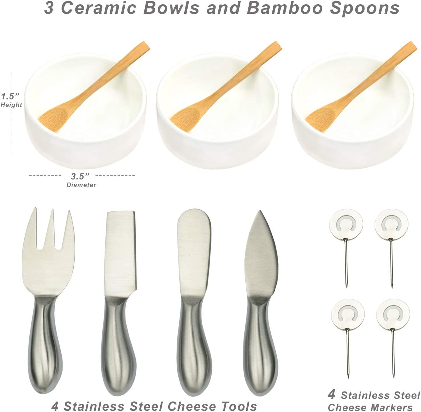 Bamboo Cheese Board/Charcuterie Platter - Includes 3 Ceramic Bowls, Bamboo Spoons, Stainless Steel Cheese Tools, Cheese Markers - Designed and Quality Checked in the USA