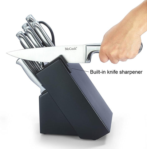 Image of Knife Block W Built-In Sharpener Wood Kitchen Knife Block Holder without Knives Countertop Butcher Block Knife Holder and Organizer with 13 Slots for Easy Kitchen Knife Storage