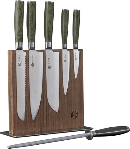 Image of 7 Piece Knife Set - 6 Piece Damascus Essential Knife Set & Magnetic Knife Block, Comes with Chef'S, Santoku, Bread, Utility and Pairing Knife and Walnut Knife Block