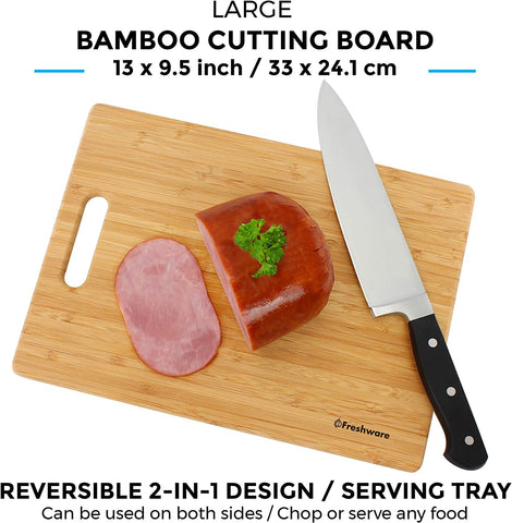 Image of Bamboo Cutting Boards for Kitchen [Set of 3] Wood Cutting Board for Chopping Meat, Vegetables, Fruits, Cheese, Knife Friendly Serving Tray with Handles