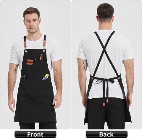 Canvas Aprons, Work Aprons with 3 Pockets, Adjustable Strap Chef Aprons for Servers Kitchen Cooking Baking Artist